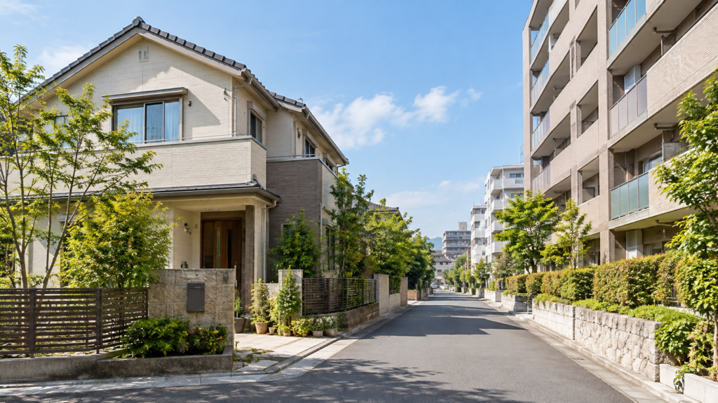 戸建て住宅とマンションの外観を見比べる住宅維持計画のイメージ