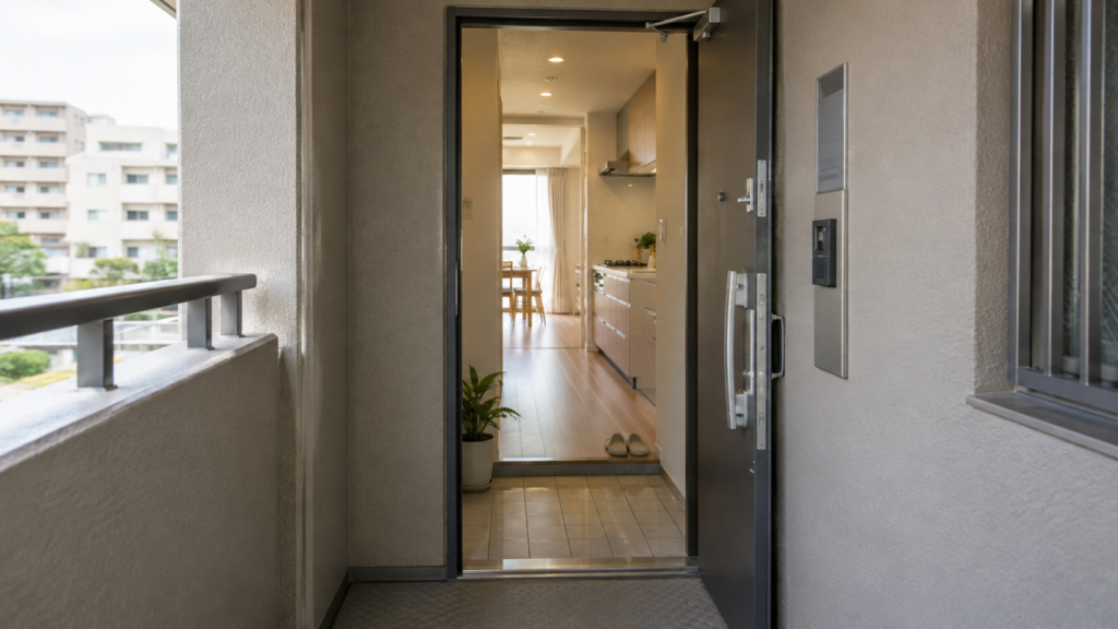 手前の共用廊下から開いた玄関の奥に見える室内キッチン
