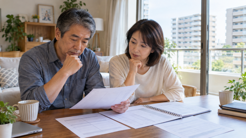 長期修繕計画の資料を確認するマンション居住者の手元