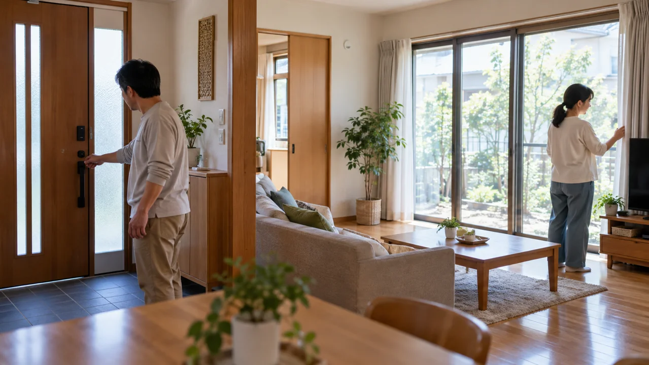在宅中の玄関と窓を点検する人