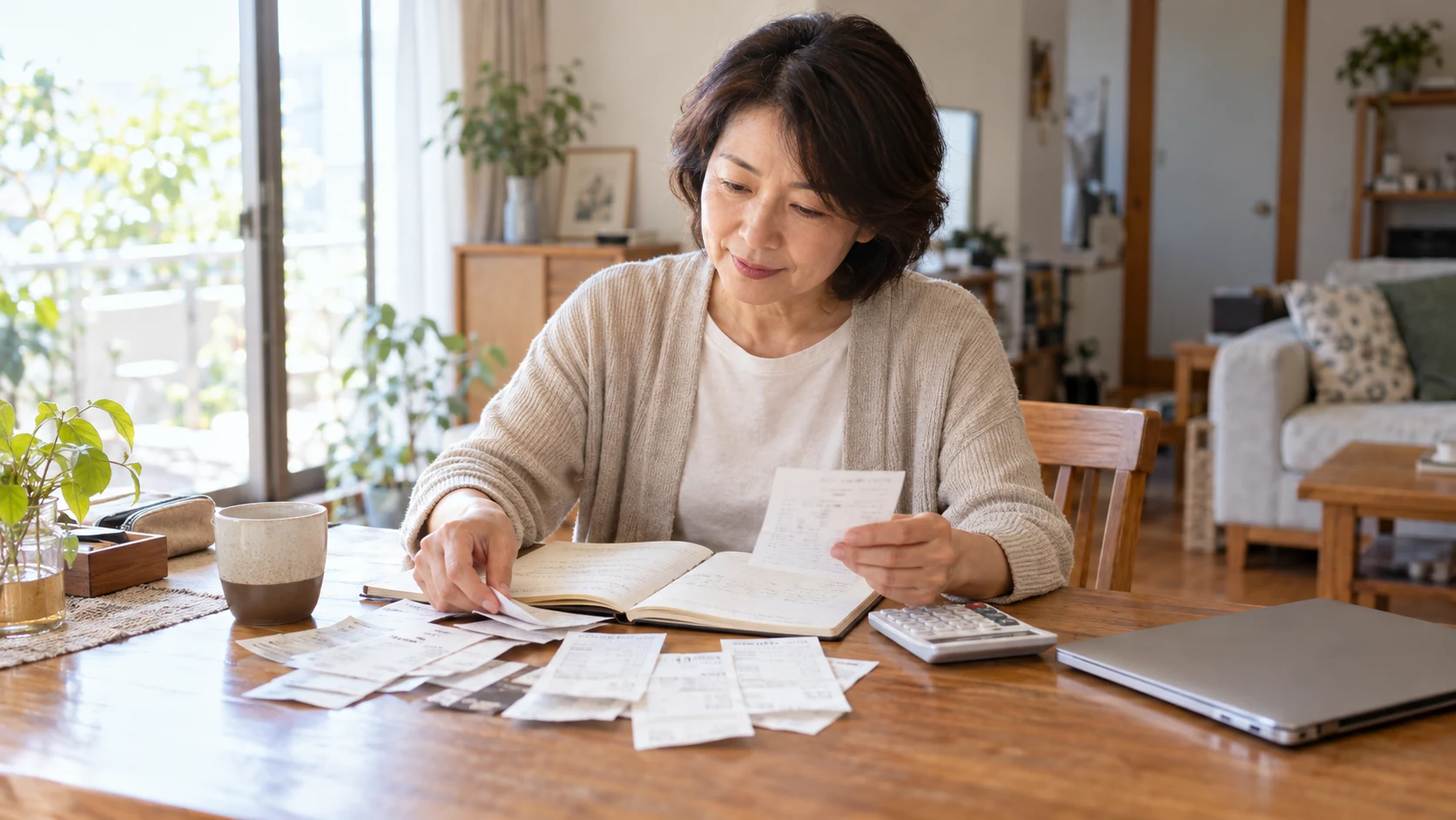 家計ノートと領収書を照合する家庭での記帳のイメージ