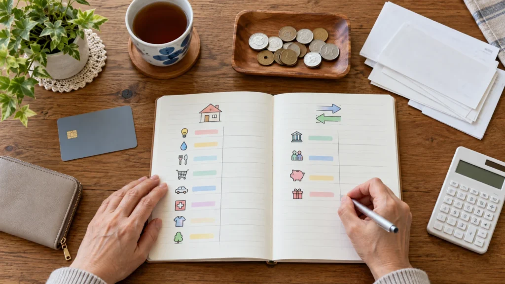 家計ノートとカードと現金を分けて並べた管理のイメージ
