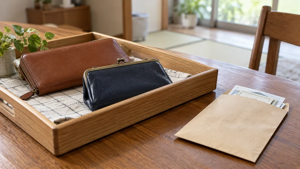 生活用の財布と仕事用の封筒を分けたイメージ