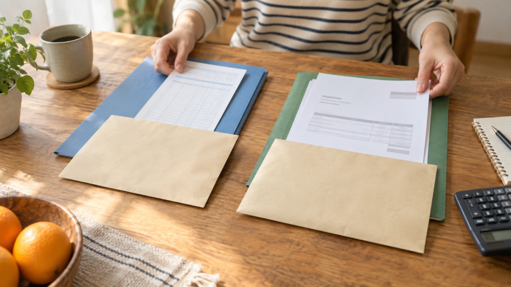 給与と業務委託の書類を二つの封筒に分ける机上