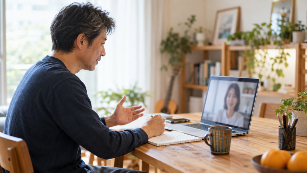 自宅からパソコンで取引先へ相談する人