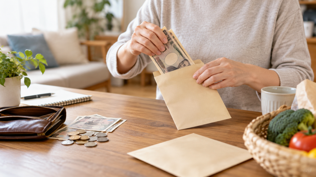 報酬から納税用のお金を別の封筒へ取り分ける手元