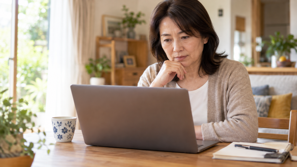 パソコンで制度の公式案内を確認する人
