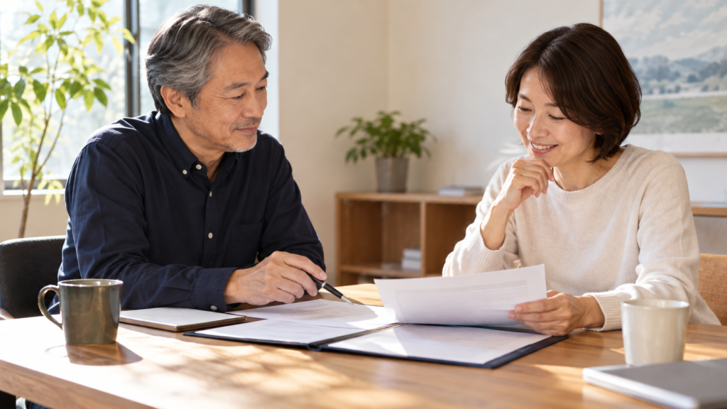 二人で契約書と報酬条件の書類を確認する手元