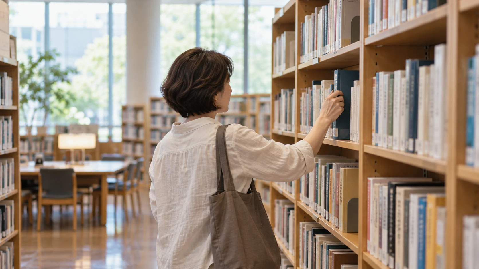 図書館で関心のある本を選ぶ人のイメージ