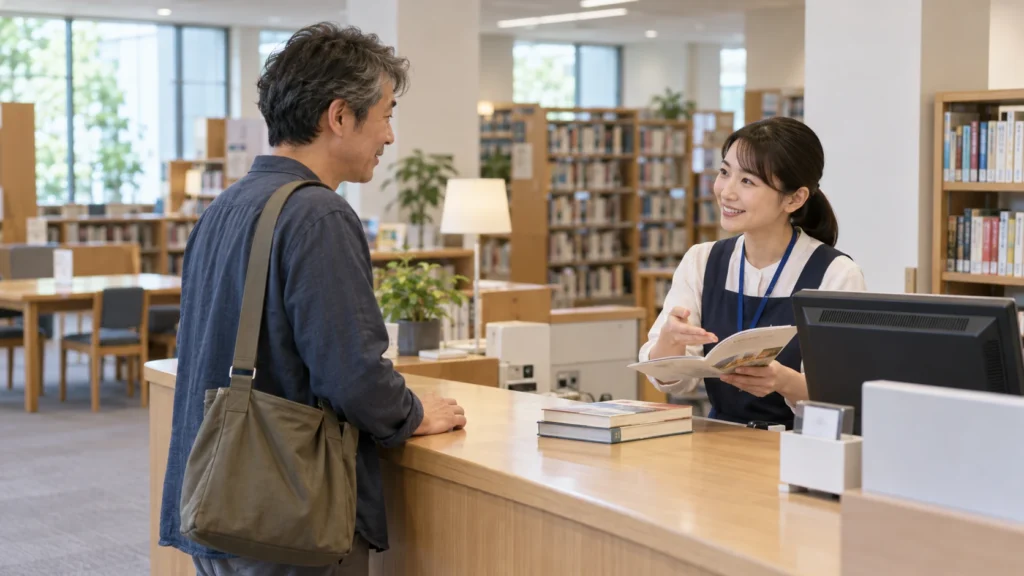 図書館のカウンターで利用方法を確認する人のイメージ