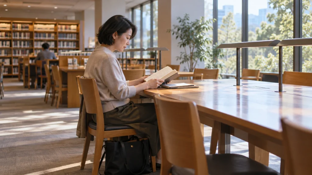 図書館の共有閲覧席で本を読む人のイメージ