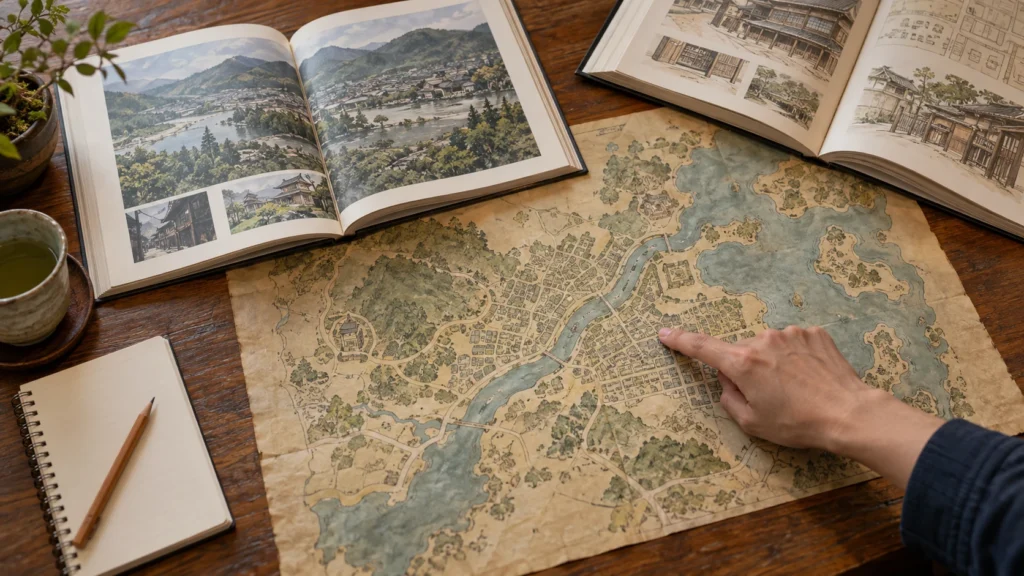 本と地図を見比べて地域のことを調べるイメージ