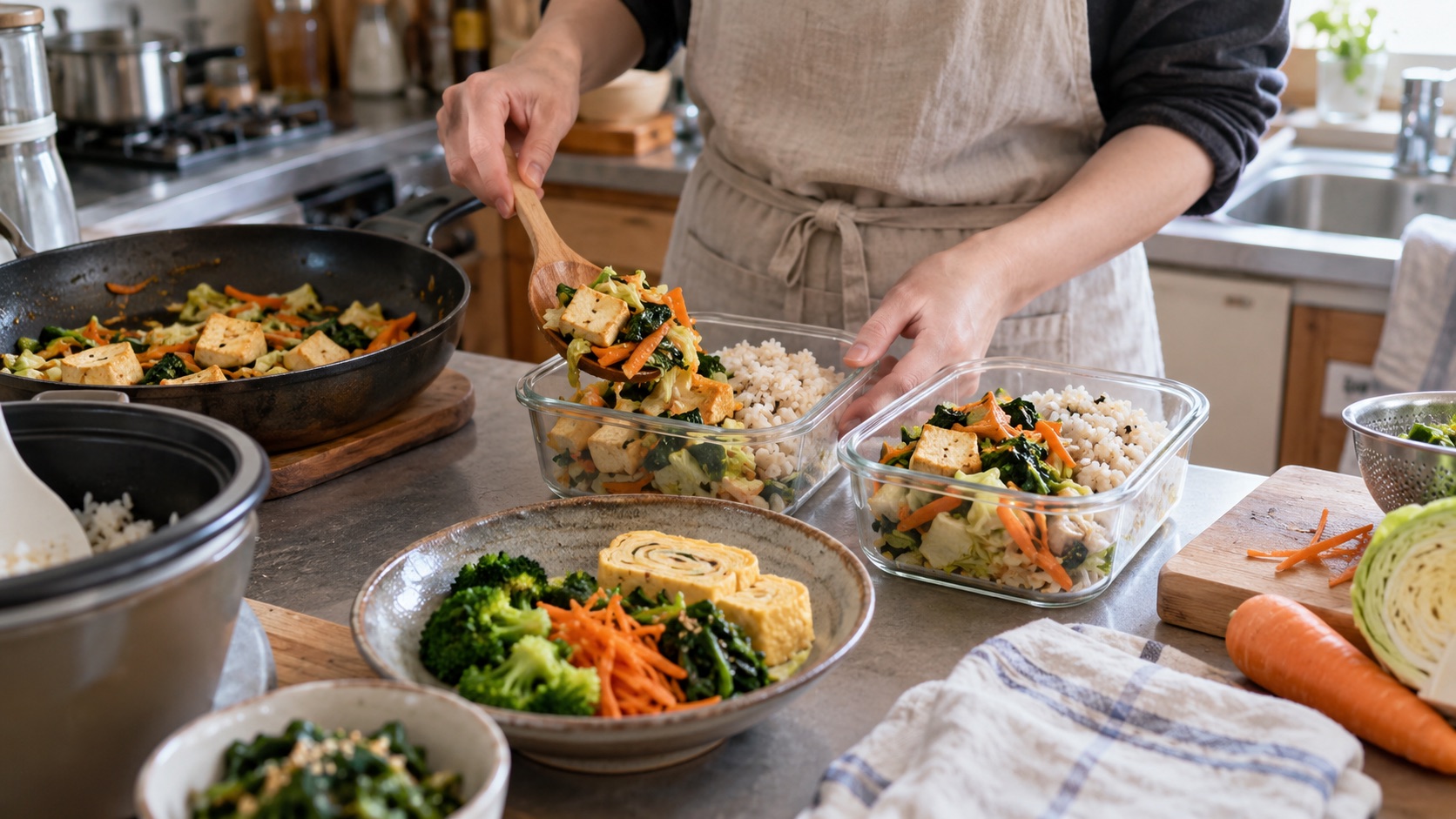 ご飯と豆腐、野菜のおかずを保存容器に取り分ける様子