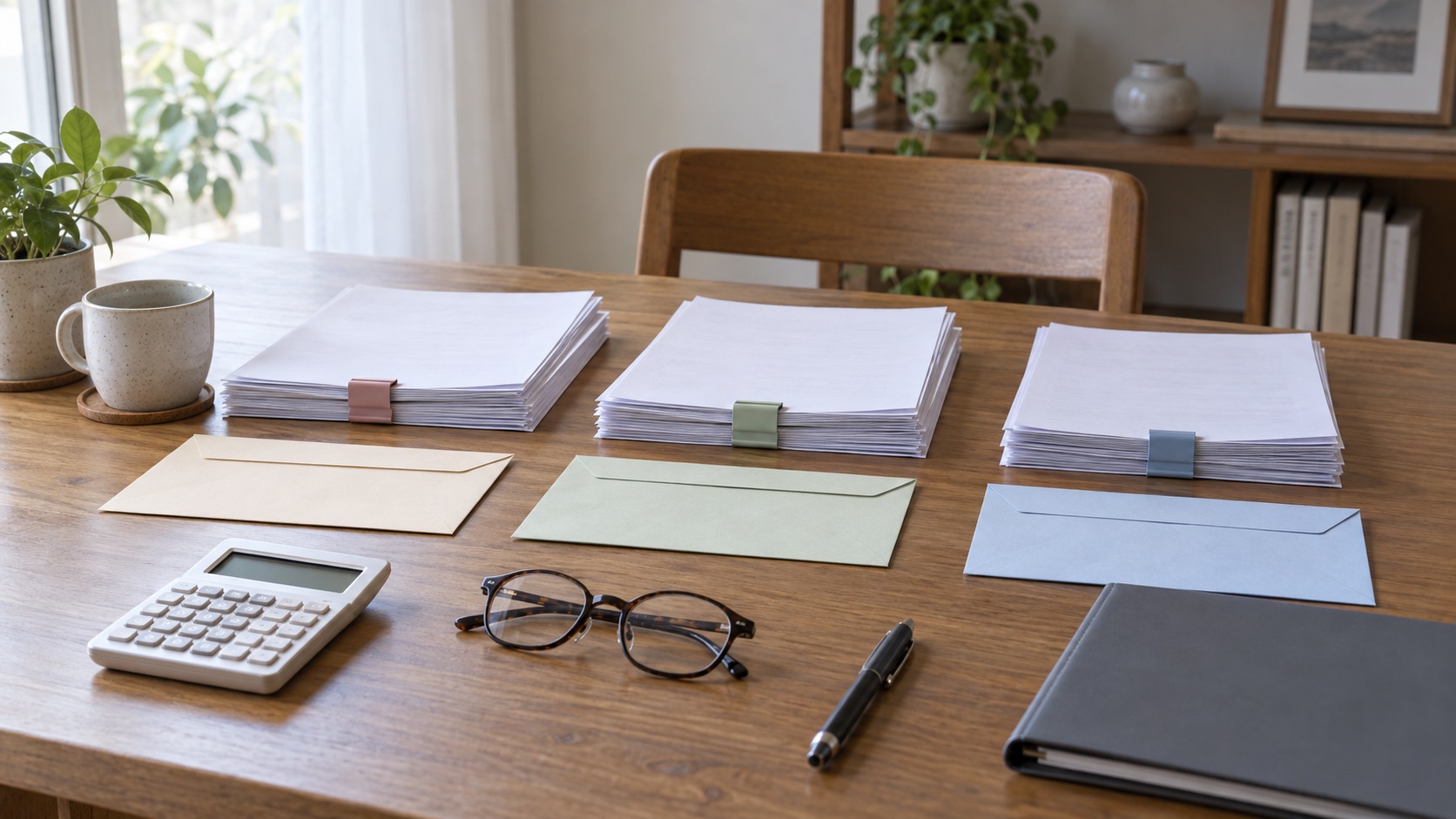 色の異なるクリップで分けた三組の書類と封筒、電卓