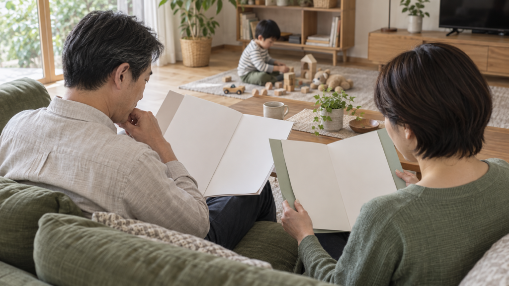 退職後の家族の備えを自宅で確認する夫婦