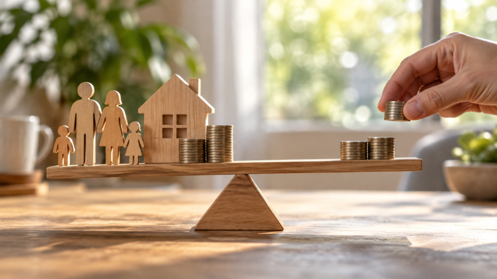 家族に必要な費用と使える資金の差を比べる木製の天秤