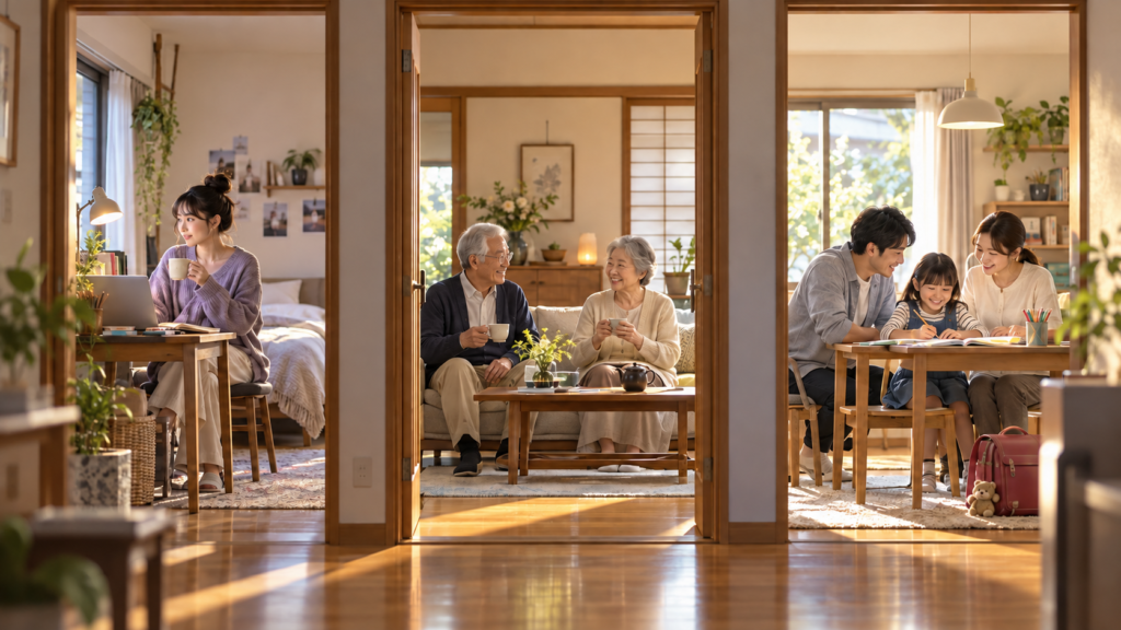単身世帯と夫婦世帯と子どものいる世帯を並べた生活場面