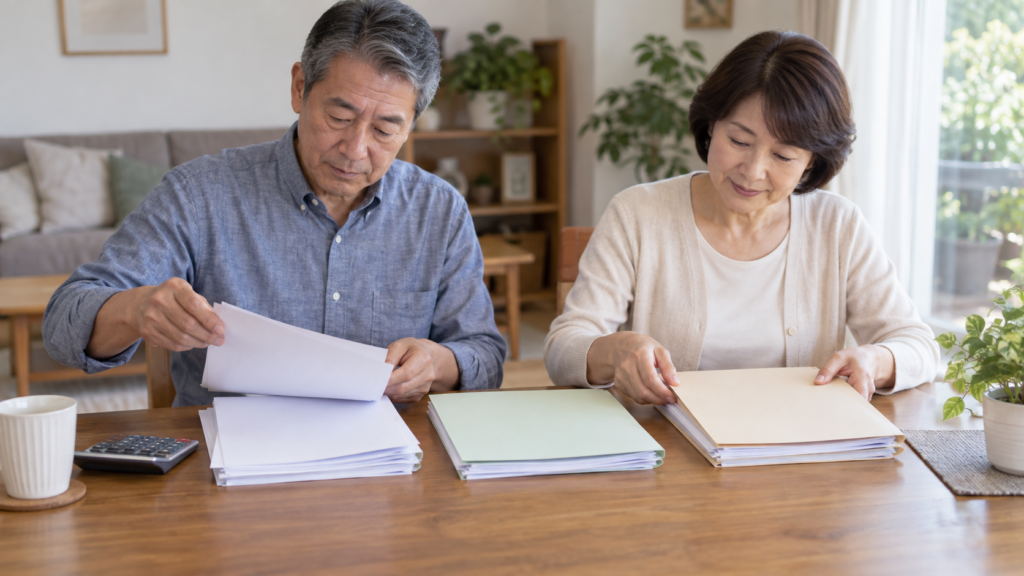退職後の健康保険に関する書類を分けて整理する手元