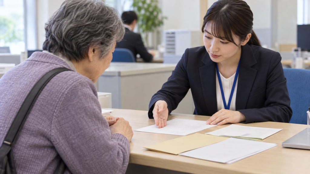 相談窓口で保険料通知と収入の書類を確認する二人