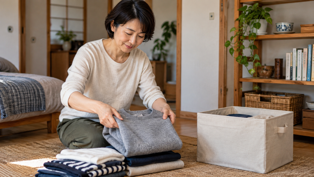 迷う衣類を一時保管の箱へ分けるイメージ