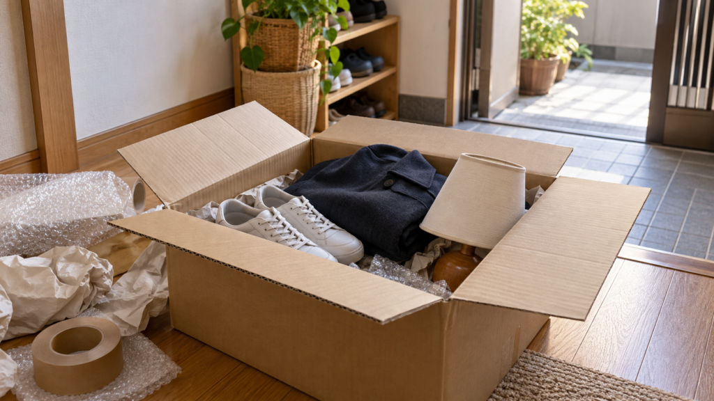 再利用できる衣類と日用品を梱包するイメージ