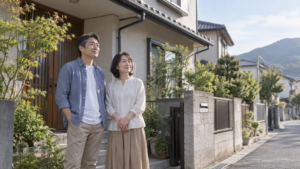 戸建ての玄関前に立つ夫婦