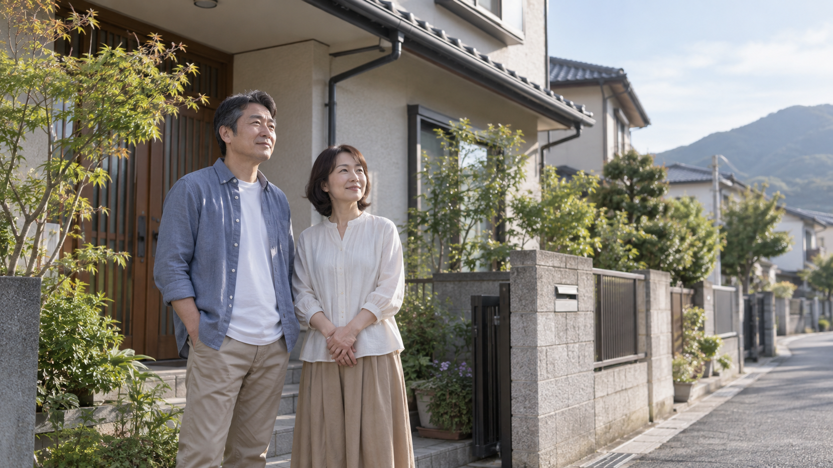 戸建ての玄関前に立つ夫婦