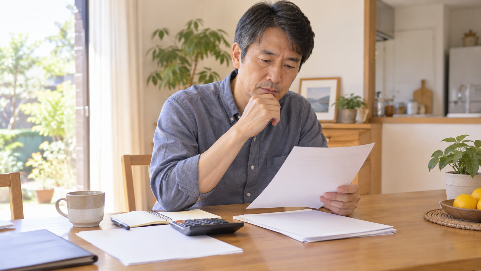 退職後の年金手続きに向けて申請書類と電卓を整理する人