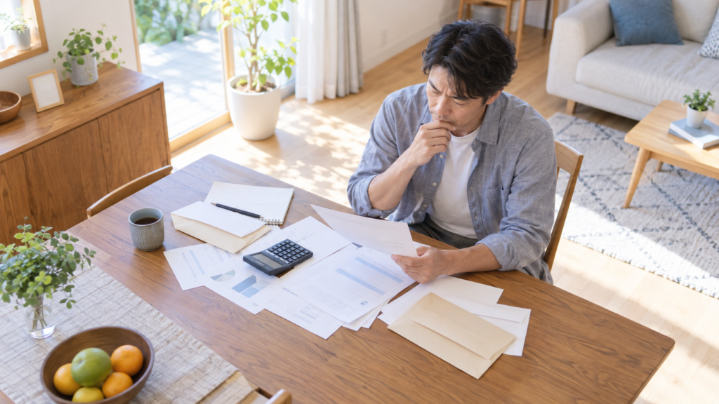 退職後の家計資料と封筒を自宅で確認する人