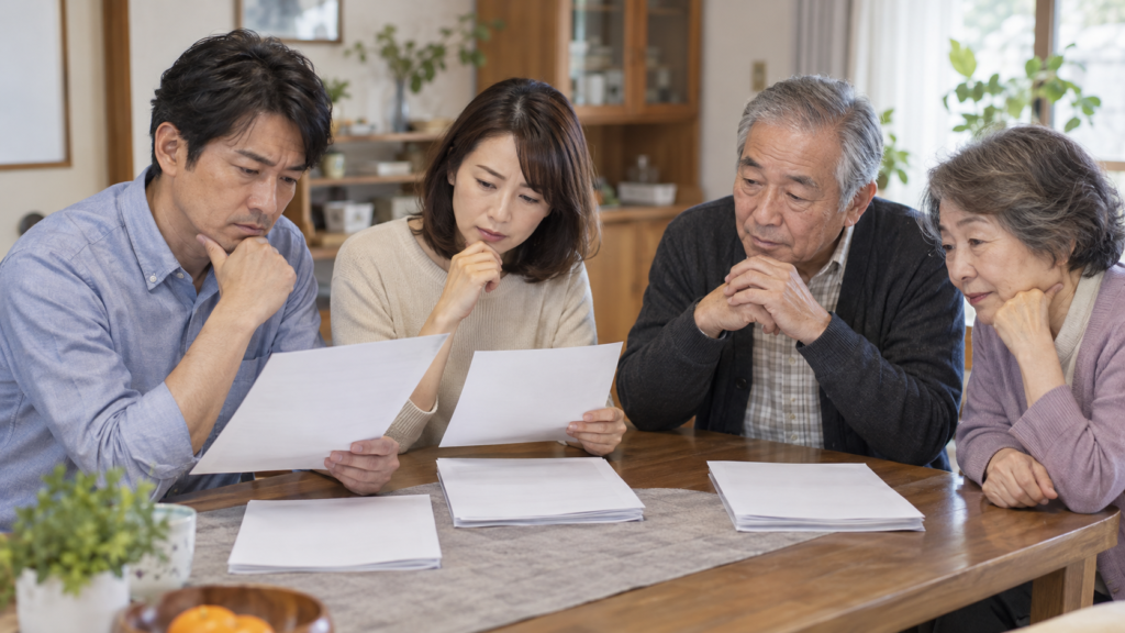 家族それぞれの書類を食卓で確認する夫婦と親