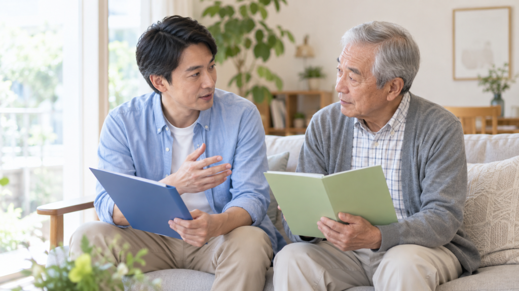 親と同居する成人が書類を持って年金手続きを相談する様子