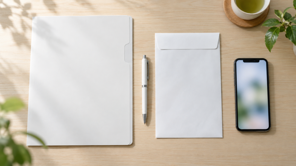 申請に備えて書類と筆記具とスマートフォンを並べた机