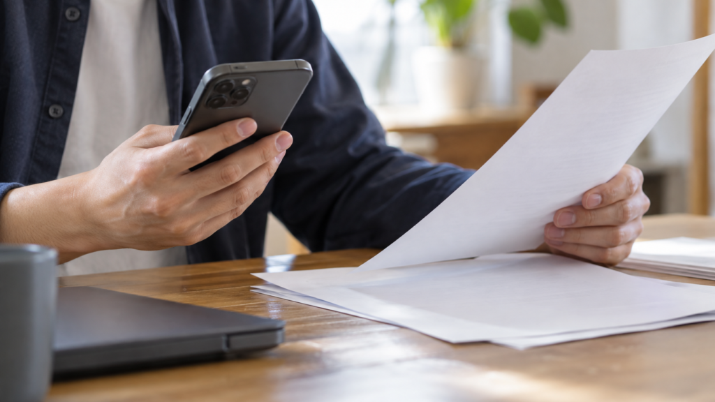 スマートフォンと書類を照合しながら申請準備をする手元