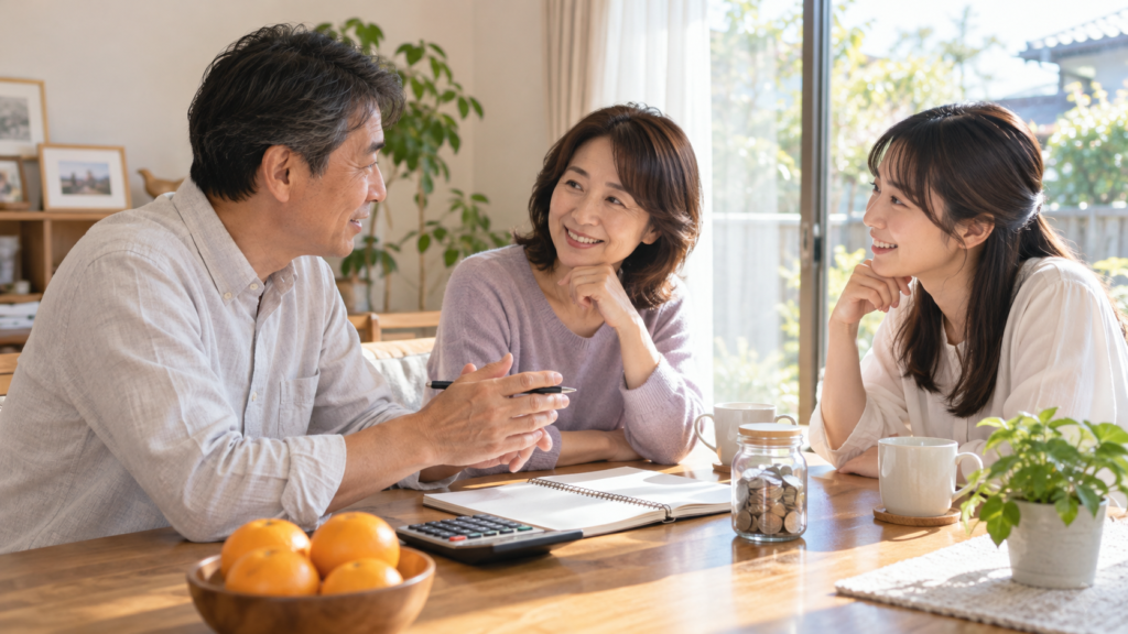 将来の生活資金についてノートと電卓を使い相談する家族