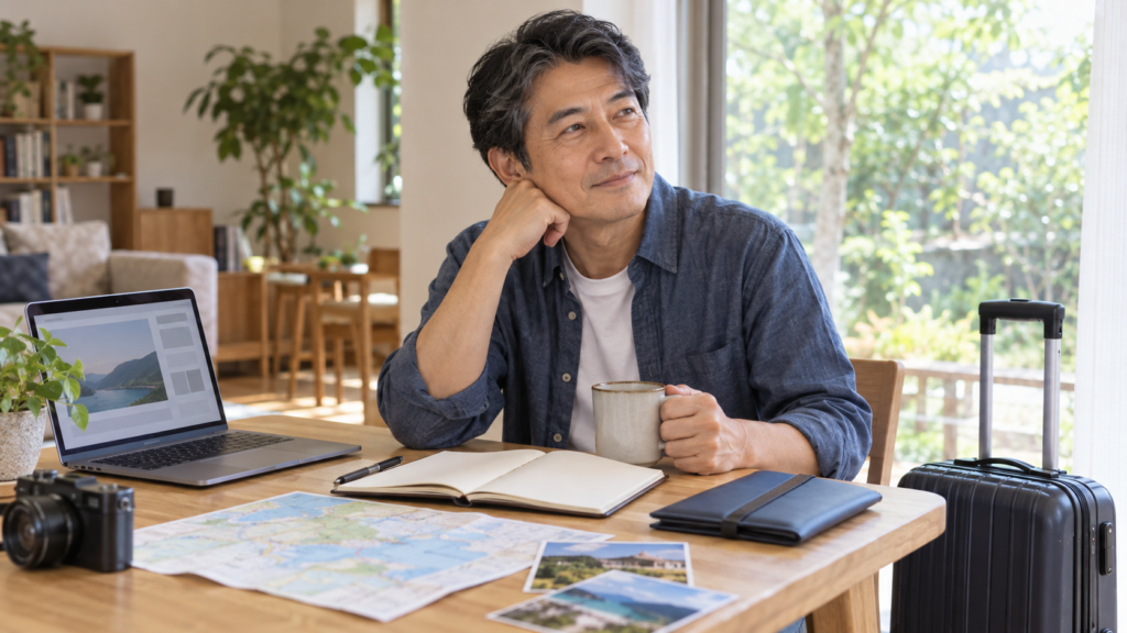 自宅で旅の日程と家計を見比べながら海外旅行を計画する人
