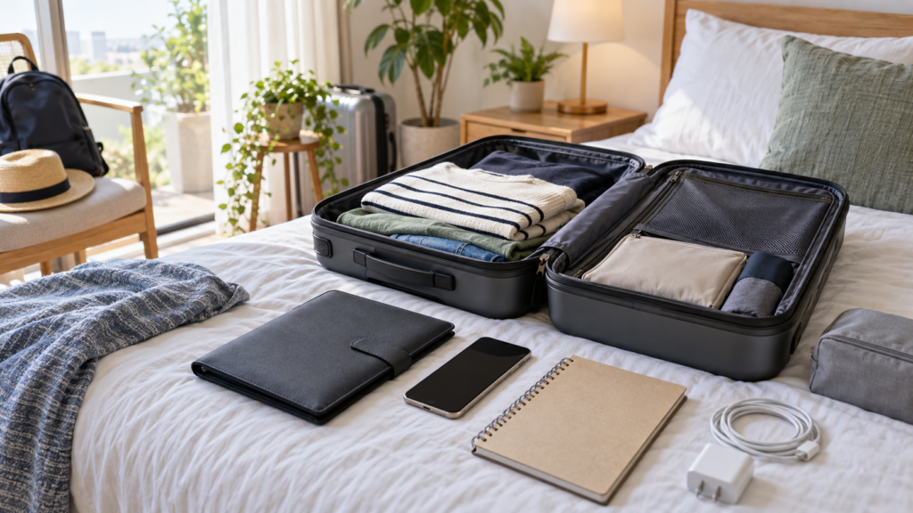 短期の海外旅行に持っていく書類入れと連絡用品を準備する様子