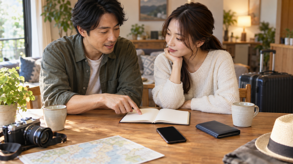 旅行の日程と緊急時の連絡方法を家族で確認する様子
