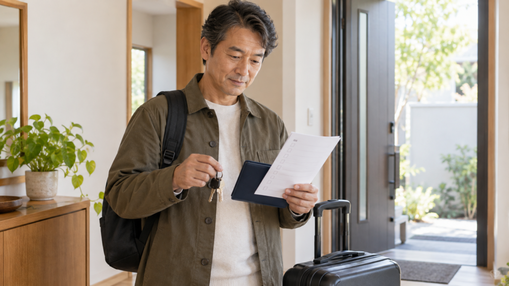 出発前に自宅の鍵と旅行の持ち物を確認する人