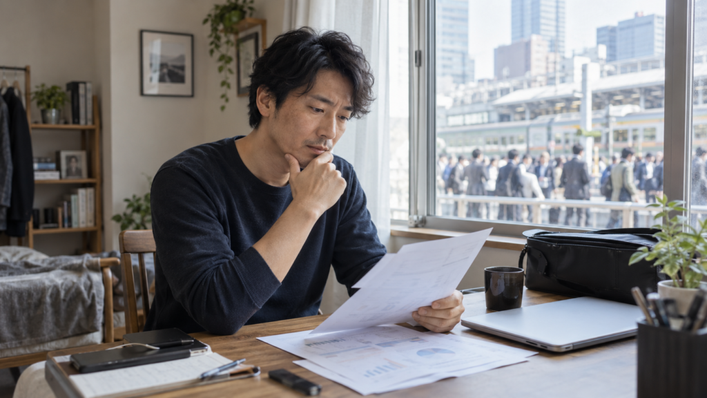 窓辺の自宅で調査資料を読みながら働き方を考える人物