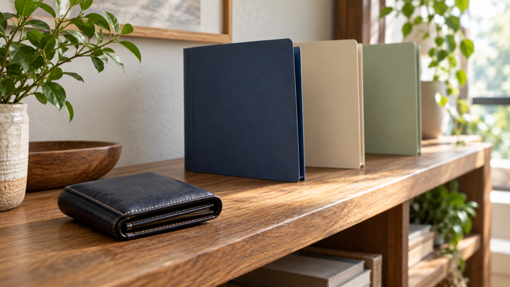 間隔を空けた3つの書類フォルダーと手前の財布