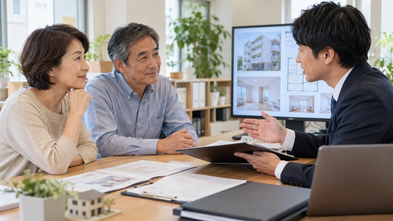 管理担当者に家賃の相談資料を見せる居住者