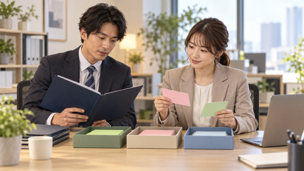 担当者二人がフォルダーとカードで引継ぎ内容を確認する場面