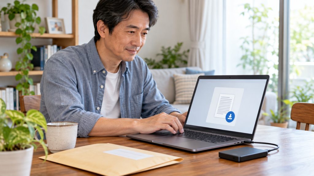 電子交付された書類をパソコンで保存する様子