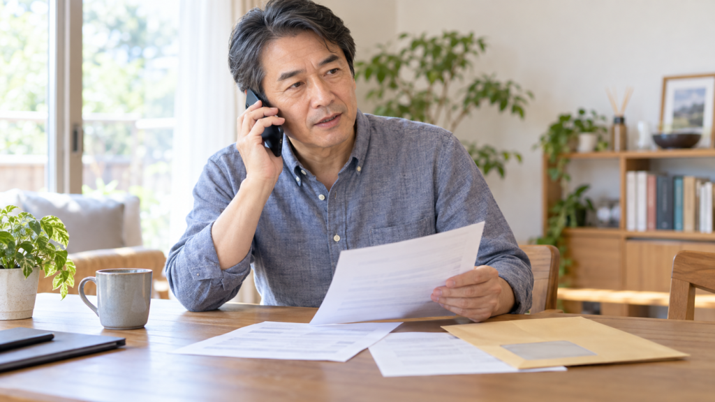 届かない書類について勤務先へ電話で問い合わせる人