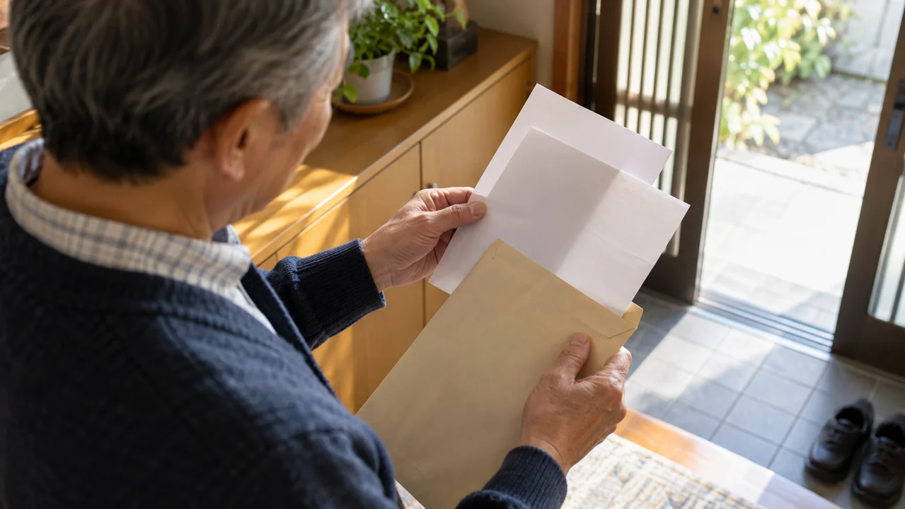 会社から届いた封筒と退職書類を確認する手元のイメージ