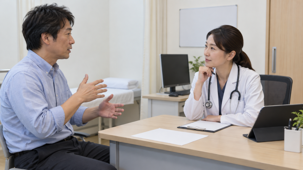 医師に仕事の内容と療養について相談する場面