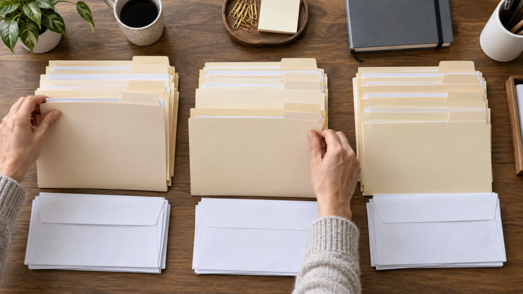 加入歴を確認するため封筒と書類を時系列に並べる手元