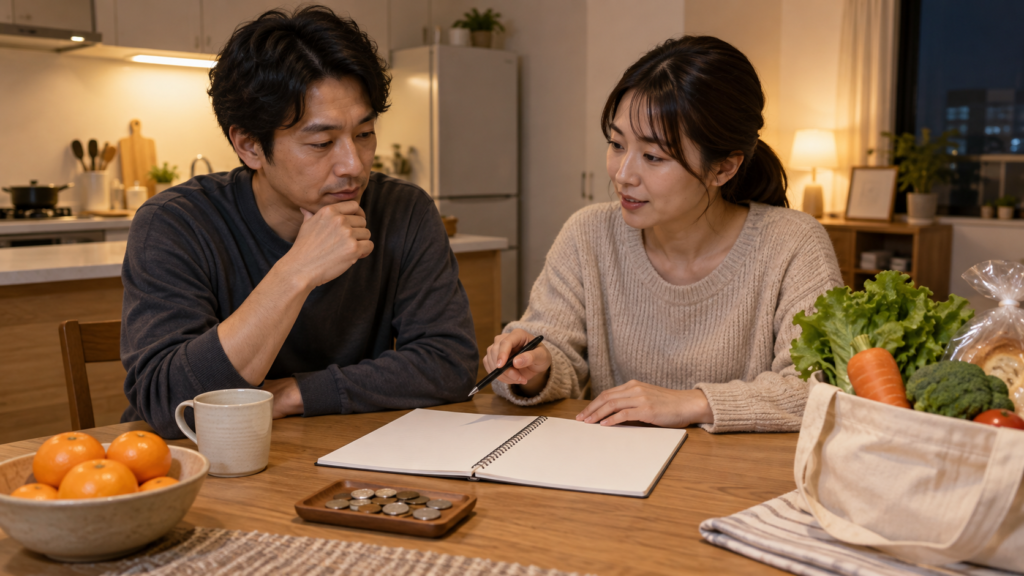 入金を待つ間の生活費を確認する家庭