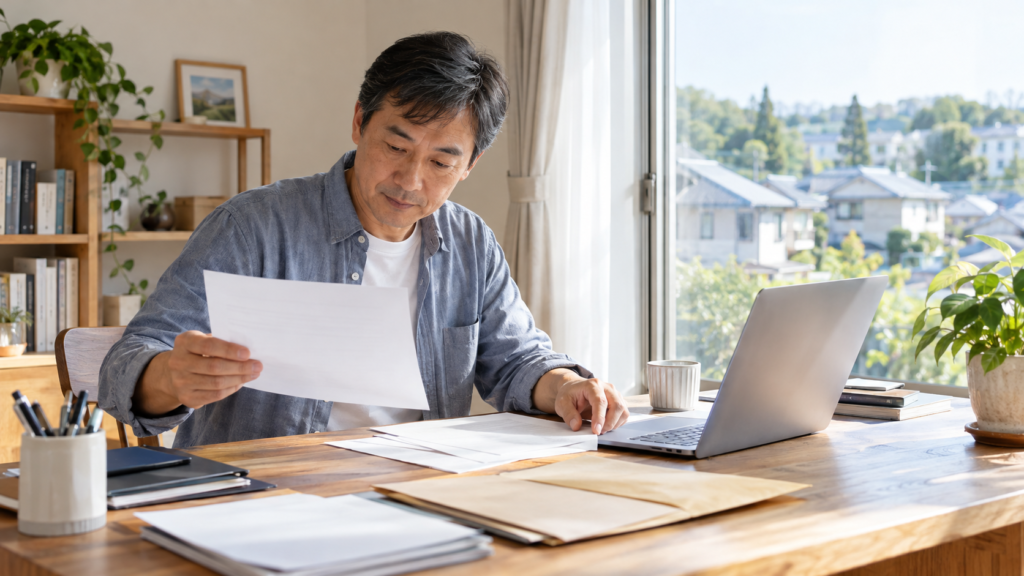 自宅で個人事業の手続きに必要な書類を整理する人