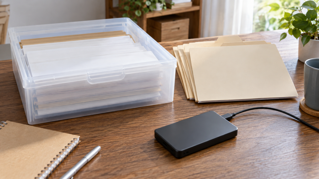 提出した書類の控えを保管するケースとデータ保存機器